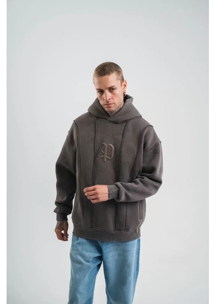 Unisex Uzun Kol Kapşonlu Yıkamalı Nakışlı Sweatshirt - Füme fırsatları