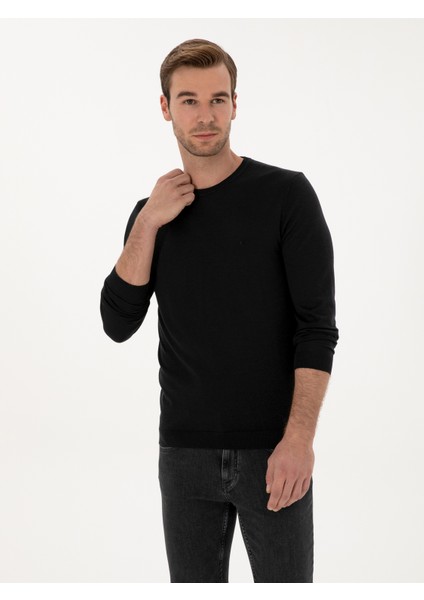 Erkek Siyah Slim Fit Kaşmir İpek Karışımlı Bisiklet Yaka Triko Kazak 50316307-VR046 modelleri