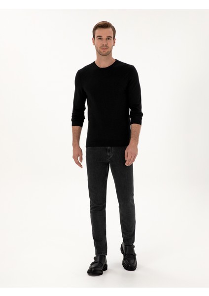 Erkek Siyah Slim Fit Kaşmir İpek Karışımlı Bisiklet Yaka Triko Kazak 50316307-VR046 fırsatları