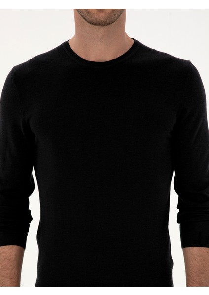 Erkek Siyah Slim Fit Kaşmir İpek Karışımlı Bisiklet Yaka Triko Kazak 50316307-VR046