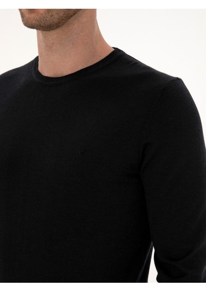 Erkek Siyah Slim Fit Kaşmir İpek Karışımlı Bisiklet Yaka Triko Kazak 50316307-VR046