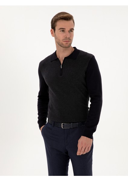 Erkek Lacivert Slim Fit Pamuk Karışımlı Fermuarlı Polo Yaka Triko Kazak 50318948-VR033