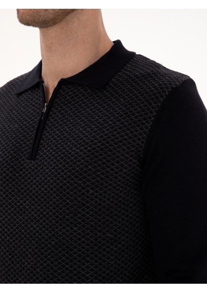 Erkek Lacivert Slim Fit Pamuk Karışımlı Fermuarlı Polo Yaka Triko Kazak 50318948-VR033