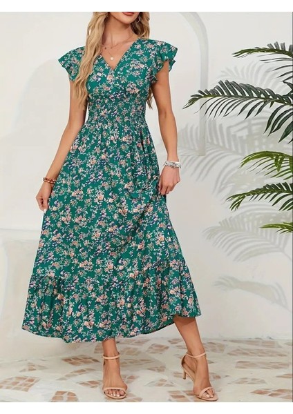 Kadın Kısa Kollu Kruvaze Yaka Beli Lastikli Çiçek Desenli Elbise fiyatları