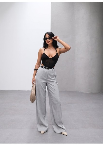 Poly Viscose Yüksek Bel Kemerli̇ ve Dökümlü Palazzo Pantolon (Kemer Dahi̇l)