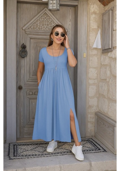 Kadın Kısa Kollu Yuvarlak Yaka Önden Yırtmaçlı Cepli Viskon Uzun Elbise