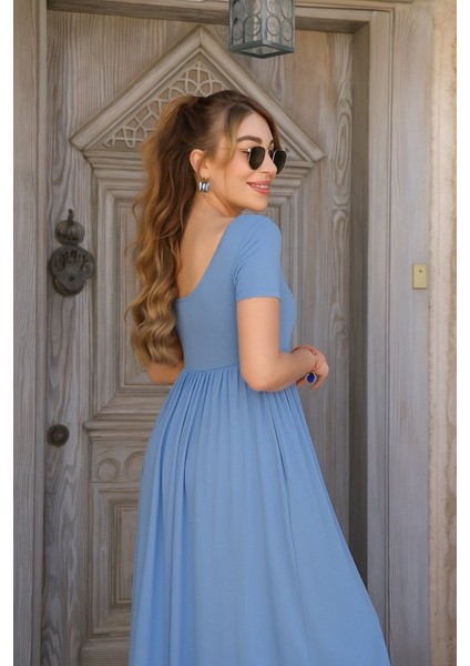 Kadın Kısa Kollu Yuvarlak Yaka Önden Yırtmaçlı Cepli Viskon Uzun Elbise fiyatları