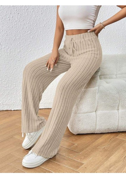 Kadın Hafif Şardonlu Full Likralı Fitilli Kaşkorse Kumaş Bol Paça Pantolon