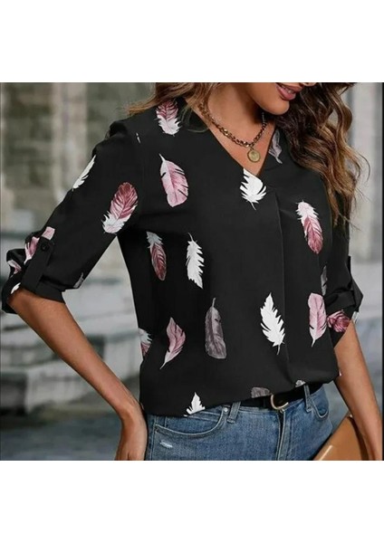 Kadın Yaprak Baskı Ayarlanabilir Truvakar Kol Süper Soft Bluz fiyatları