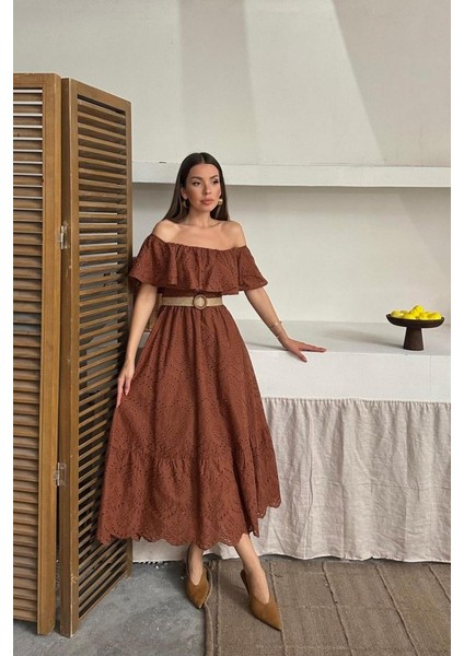 Kahverengi Omzu Lastikli Brode Elbise modelleri