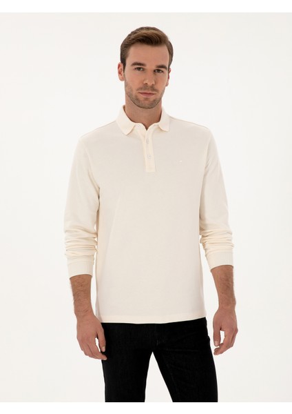 Erkek Ekru Regular Fit %100 Pamuk 3 İplik Polo Yaka Sweatshirt 50318960-VR019