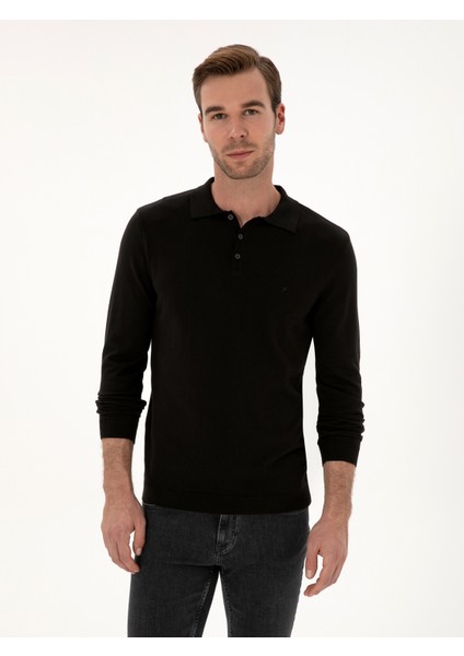 Erkek Siyah Regular Fit Pamuk Karışımlı Polo Yaka Basic Triko Kazak 50318673-VR046