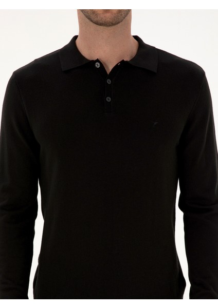 Erkek Siyah Regular Fit Pamuk Karışımlı Polo Yaka Basic Triko Kazak 50318673-VR046