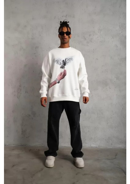 Erkek Güvercin Baskılı Sweatshirt - Beyaz modelleri
