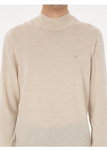 Erkek Bej Slim Fit Yün Karışımlı Yarım Balıkçı Basic Triko Kazak 50315296-VR011