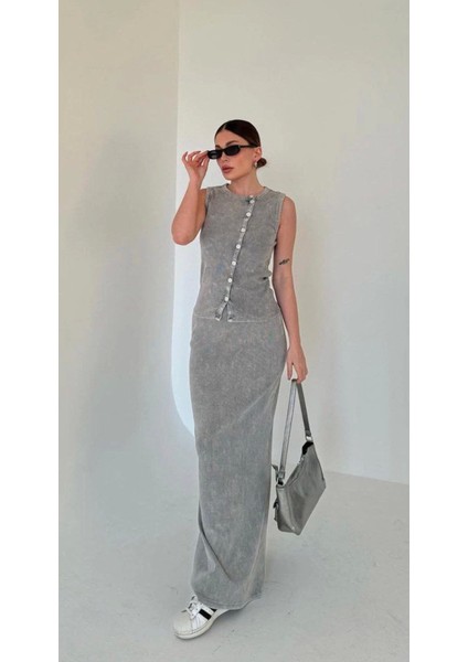 Uzun Etekli Önü Düğmeli Badi Ikili Takım- Gri fırsatları