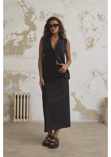 Keten Haki̇m Yaka Kolsuz Gömlek Etek Takim