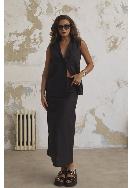 Keten Haki̇m Yaka Kolsuz Gömlek Etek Takim modelleri