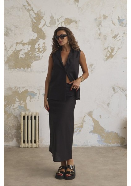 Keten Haki̇m Yaka Kolsuz Gömlek Etek Takim fırsatları