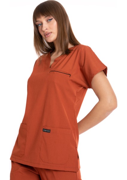 Premium Lycra Kiremit Tek Üst Hemşire Forması Cerrahi Forma, Scrubs Üniforma(Unısex)