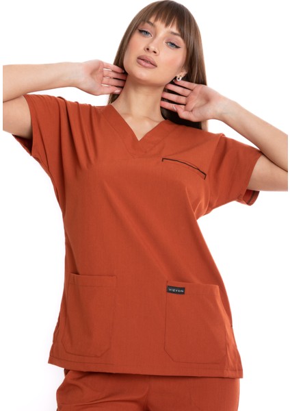 Premium Lycra Kiremit Tek Üst Hemşire Forması Cerrahi Forma, Scrubs Üniforma(Unısex) fiyatları