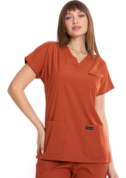 Premium Lycra Kiremit Tek Üst Hemşire Forması Cerrahi Forma, Scrubs Üniforma(Unısex) modelleri