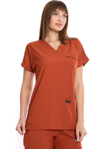 Premium Lycra Kiremit Tek Üst Hemşire Forması Cerrahi Forma, Scrubs Üniforma(Unısex) fırsatları