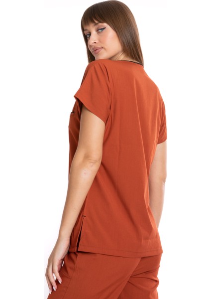 Premium Lycra Kiremit Tek Üst Hemşire Forması Cerrahi Forma, Scrubs Üniforma(Unısex) indirimleri