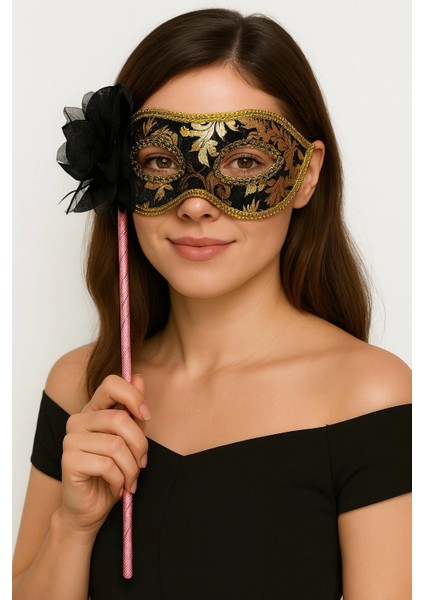 Lüks Taşlı Saplı Maskeli Balo Maskesi Siyah Renk 35 cm (5047)