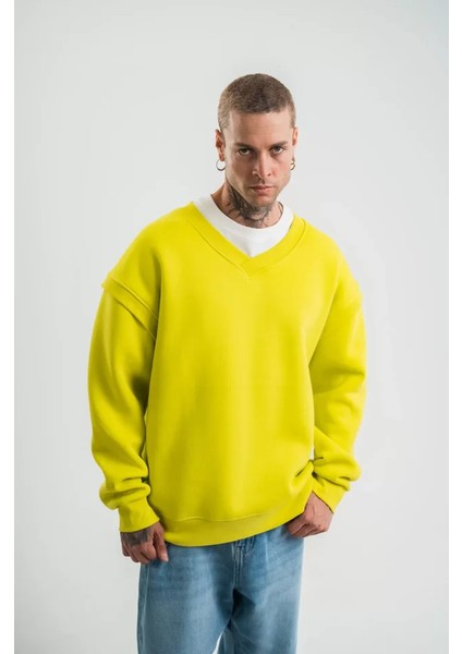 Geniş V Yaka Kol Ribana Detaylı Sweatshirt - Sarı fırsatları