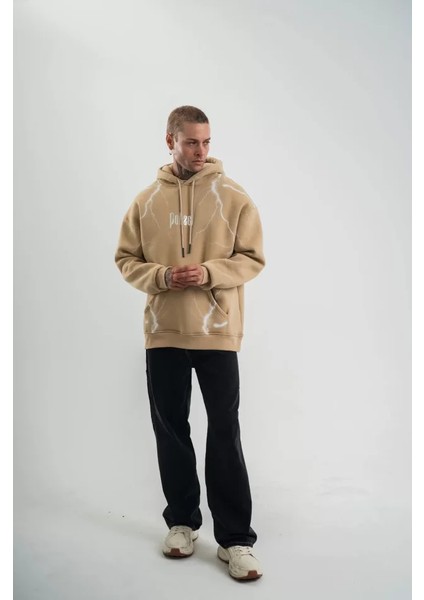 Double Oversize Kapşonlu Şimşek Pano Baskılı Sweatshirt - Bej fiyatları