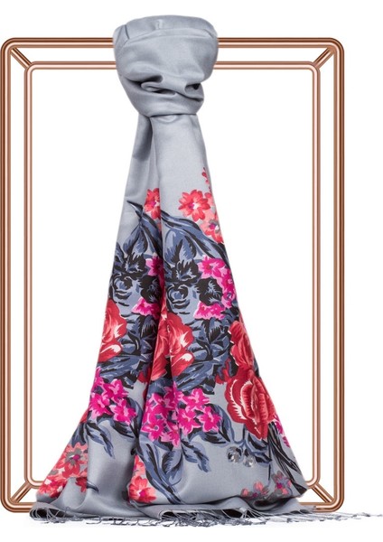 Gri Saray Bahçesi Desenli Ipek Şal