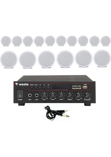 16’lı Beyaz Tavan Hoparlorlu 100V Ses Sistemi Paketi | Kafe, Mağaza ve Ofis Müzik Sistemi