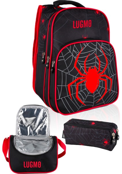 3 Lü Ilkokul Çanta Seti Erkek Çocuk Çantası Astarlı Pedli Örümcekli Siyah