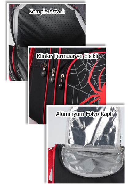 3 Lü Ilkokul Çanta Seti Erkek Çocuk Çantası Astarlı Pedli Örümcekli Siyah