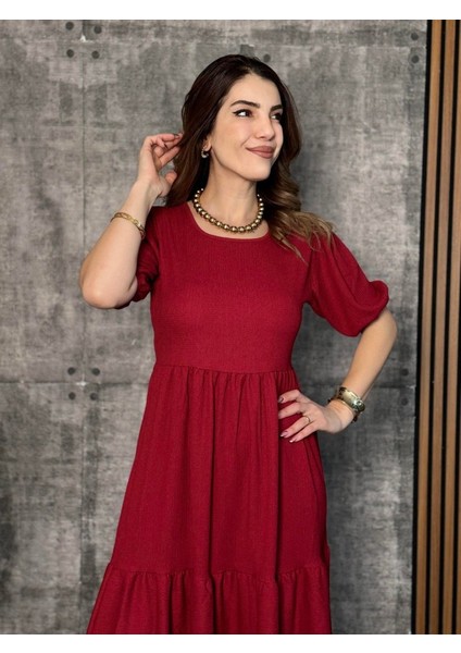 Kadın Kısa Kollu Yakası Açık Katlı Bürümcük Balon Elbise fırsatları