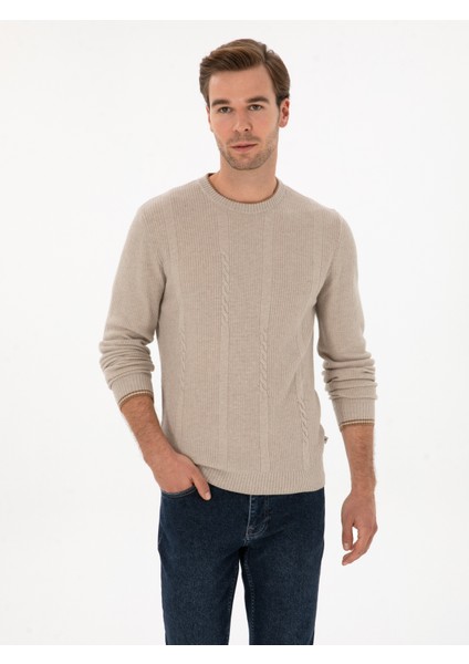 Erkek Bej Slim Fit Yün Karışımlı Bisiklet Yaka Triko Kazak 50311874-VR011