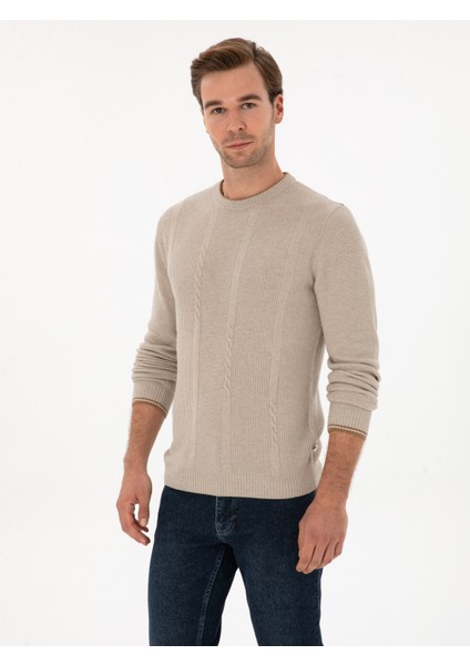 Erkek Bej Slim Fit Yün Karışımlı Bisiklet Yaka Triko Kazak 50311874-VR011 modelleri