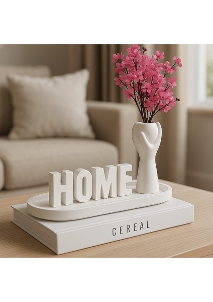 Beton Vazo ve Home Yazısı Oval Tabak Set