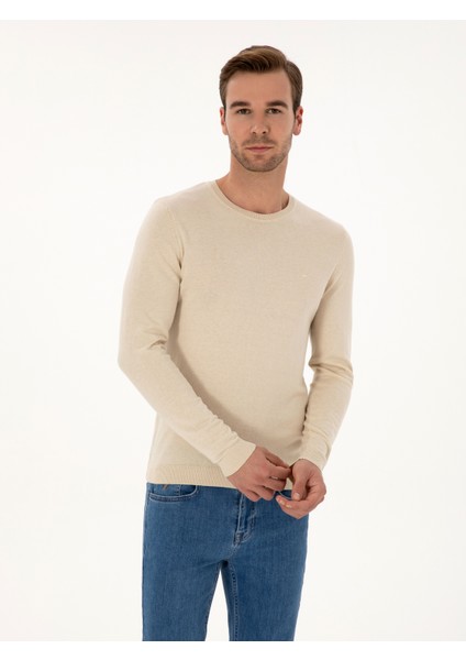 Erkek Bej Slim Fit Pamuk Karışımlı Bisiklet Yaka Basic Triko Kazak 50318620-VR011