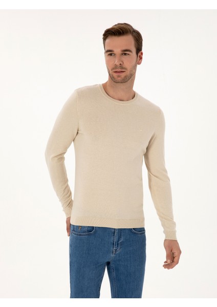 Erkek Bej Slim Fit Pamuk Karışımlı Bisiklet Yaka Basic Triko Kazak 50318620-VR011 modelleri