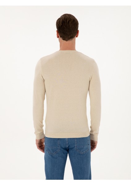 Erkek Bej Slim Fit Pamuk Karışımlı Bisiklet Yaka Basic Triko Kazak 50318620-VR011 indirimleri
