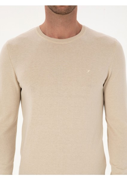 Erkek Bej Slim Fit Pamuk Karışımlı Bisiklet Yaka Basic Triko Kazak 50318620-VR011
