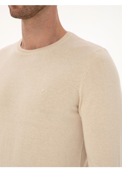 Erkek Bej Slim Fit Pamuk Karışımlı Bisiklet Yaka Basic Triko Kazak 50318620-VR011