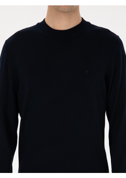 Erkek Lacivert Slim Fit Yün Karışımlı Çeyrek Balıkçı Basic Triko Kazak 50315295-VR033