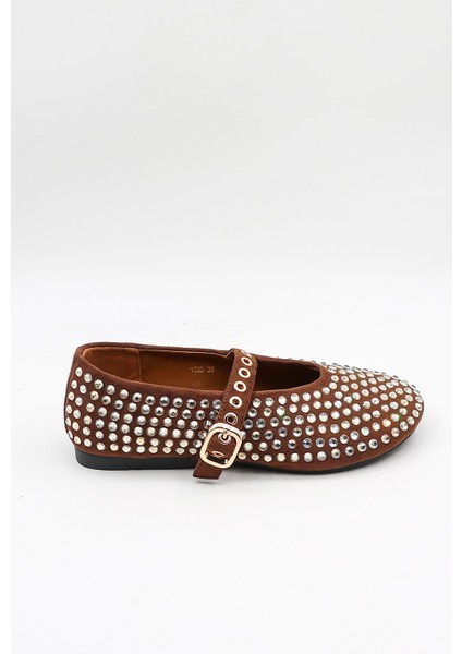 Kristebell Ithal Özel Seri Kadın Taşlı Süet Deri Babet KB1020 - Kahve - 36