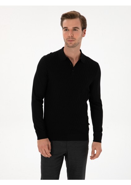Erkek Siyah Slim Fit Yün Karışımlı Polo Yaka Triko Kazak 50311890-VR046 modelleri