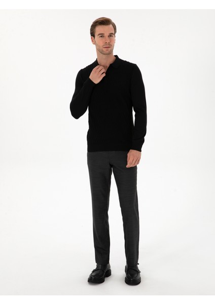 Erkek Siyah Slim Fit Yün Karışımlı Polo Yaka Triko Kazak 50311890-VR046 fırsatları