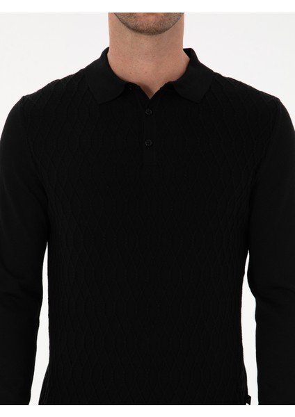 Erkek Siyah Slim Fit Yün Karışımlı Polo Yaka Triko Kazak 50311890-VR046