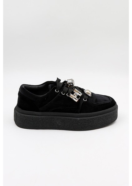 Kadın Kalın Taban Aksesuarlı Kadife Günlük Spor Ayakkabı GJ475 - Siyah - 36